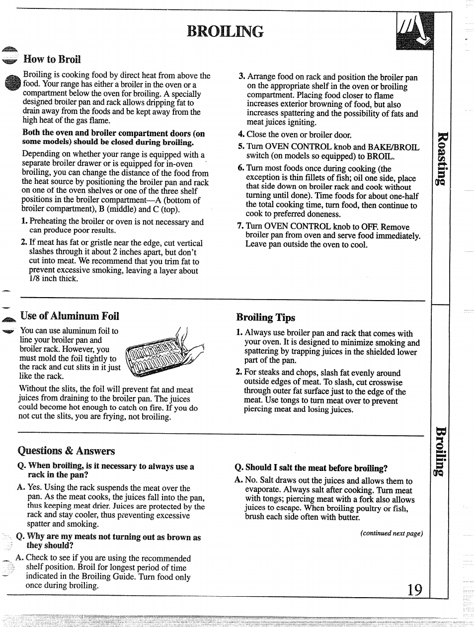 How to broil, Use of aluminum foil, Broiling tips | Questions & answers, Broiling, broiling guide , 20, Rrnilor pan anrl par'll, 1q oq, 1 witwi i vli i v4i iv« i iw4wix, I kaf, Broiling l/a | GE 49-8338 User Manual | Page 20 / 49