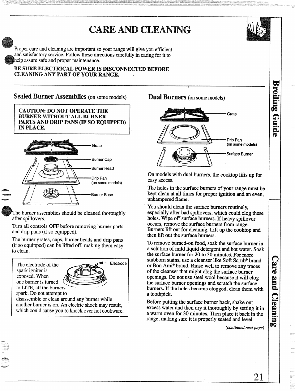 Care and cleaning, Seaied burner assemblies (on some models), Seaied burner assemblies | Dual burners | GE 49-8338 User Manual | Page 22 / 49