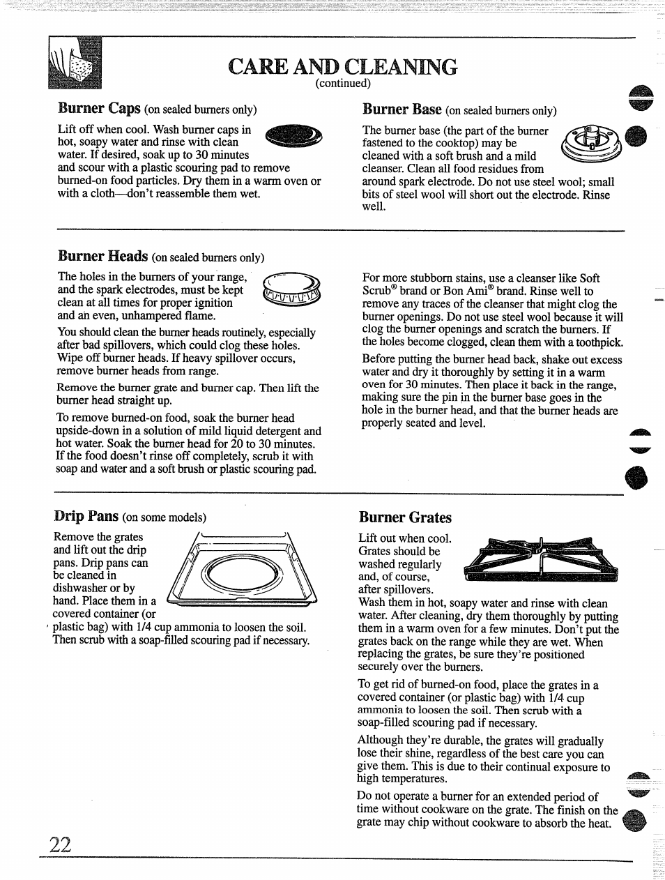 Care and cleaning, Burner grates, Biirner caps | Burner base | GE 49-8338 User Manual | Page 23 / 49