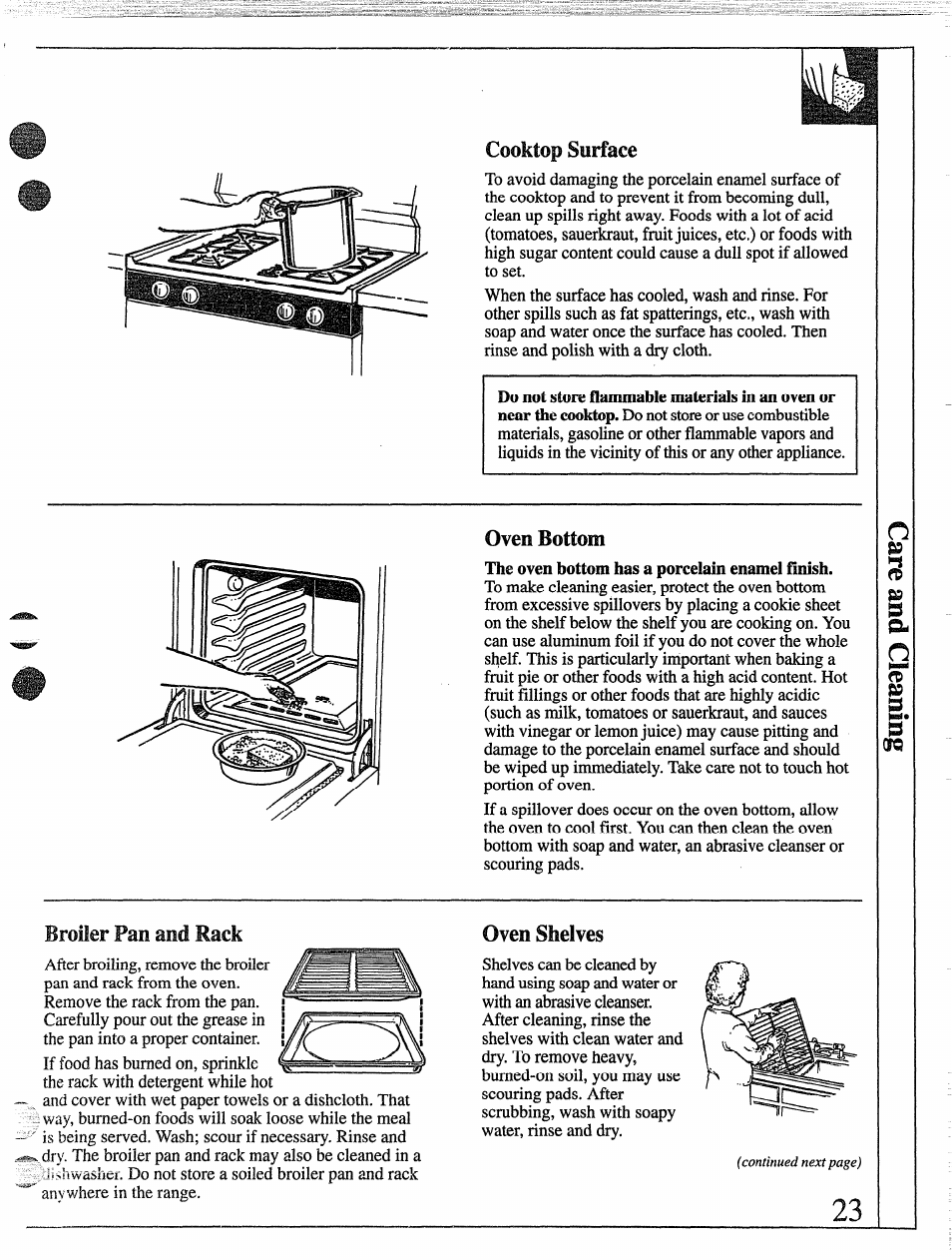 Cooktop surface, Porcelain, Broiler pan and rack | Cooktop surface ii, Oven shelves | GE 49-8338 User Manual | Page 24 / 49