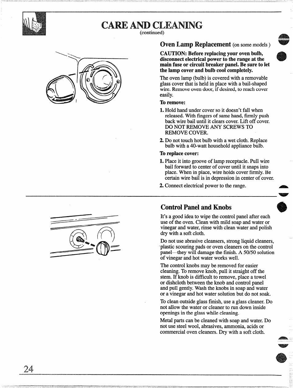 Care and cleaning, Oven lamp replacement (on some models), Control panel and knobs | Oven lamp replacement | GE 49-8338 User Manual | Page 25 / 49