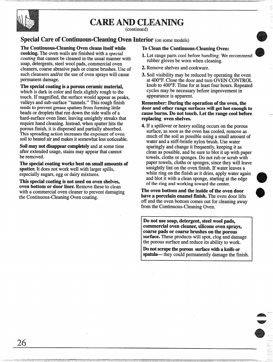 Care and cleaning, Special care of continuous-cleaning oven interior | GE 49-8338 User Manual | Page 27 / 49