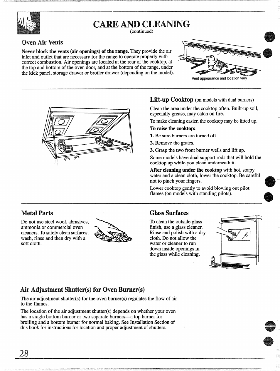 Care and cleaning, Metal parts, Glass surfaces | Air adjustment shutter(s) for oven burner(s), Air adjustment shutter, Oveiî air vents, Lift-up cooktop, Iw\j | GE 49-8338 User Manual | Page 29 / 49