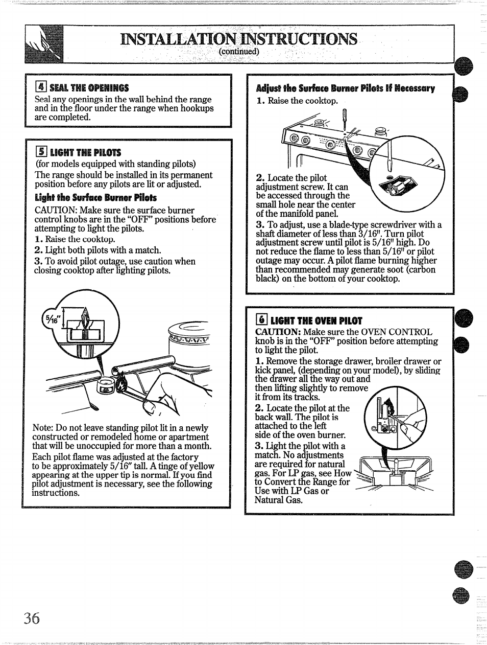 Ligiit §li@ surfsce iureier pilots, Ü¡yst tisy syfffes® iyriisr pii®§$ if ii®s®ss®ry, H seal the 0penih6s | Light the pilots, 6] light the oven pilot | GE 49-8338 User Manual | Page 37 / 49