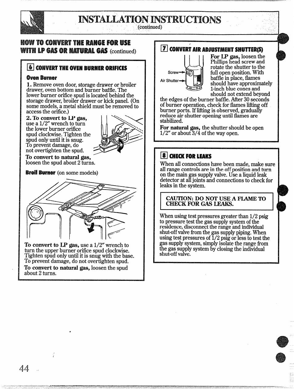 Convert thiovih burner orifices, S convert air, Shuner(s) | Check for le«k, Adjustment, Imqt'a ¥ ¥ at'¥rim ¥mji2*ti^¥tr^'t’frume | GE 49-8338 User Manual | Page 45 / 49