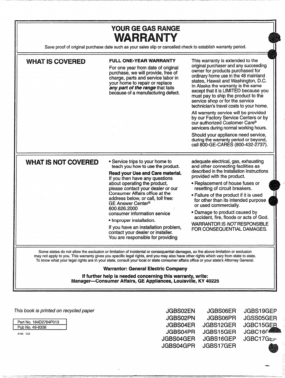 Whätis covered, Warranty, Your ge gas range | What is not covered | GE 49-8338 User Manual | Page 49 / 49
