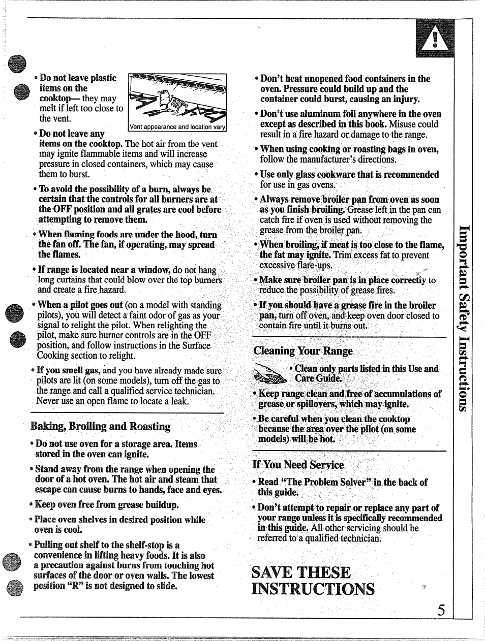 Baking, broiling and roasting, Cleaning your range, If you need service | Save these- ' instructions, Aluminum foil , 16,19, 23, Sure broiler pan is in place correcsy | GE 49-8338 User Manual | Page 5 / 49