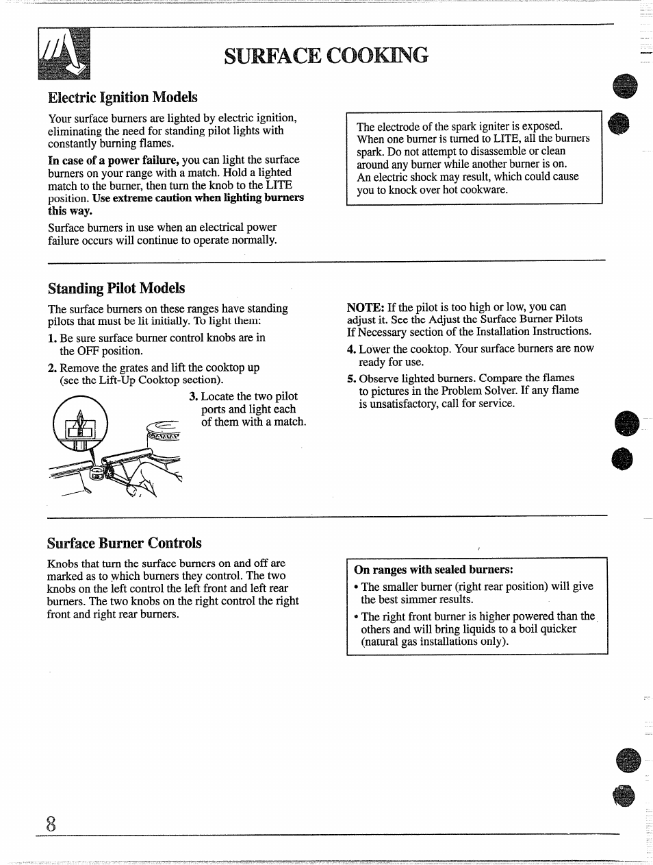 Surface cooking, Electric ignition models, Standing pilot models | Surface burner controls, Kjrr, Cuiyj. yjxx | GE 49-8338 User Manual | Page 8 / 49