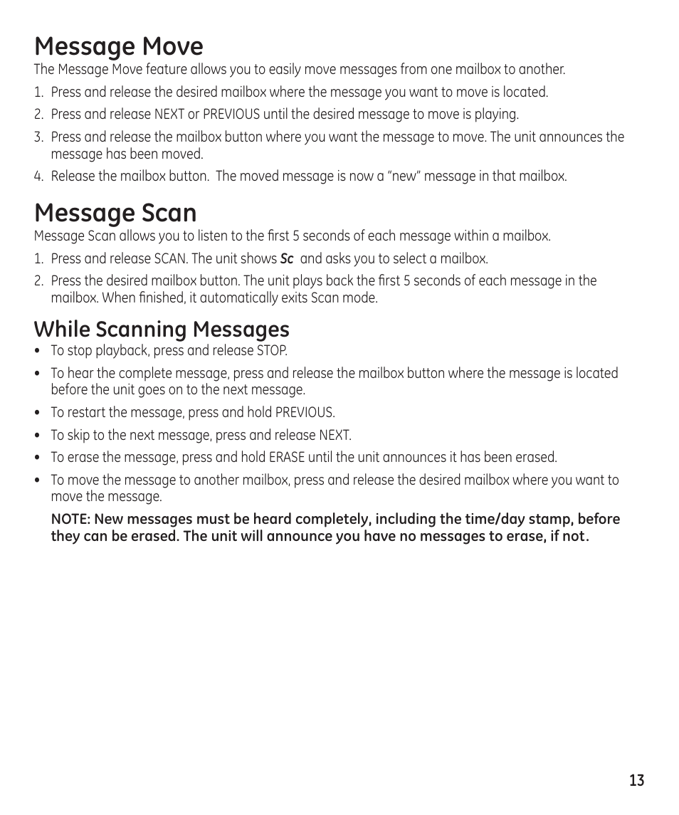 Message move, Message scan, While scanning messages | GE 29869 User Manual | Page 13 / 48
