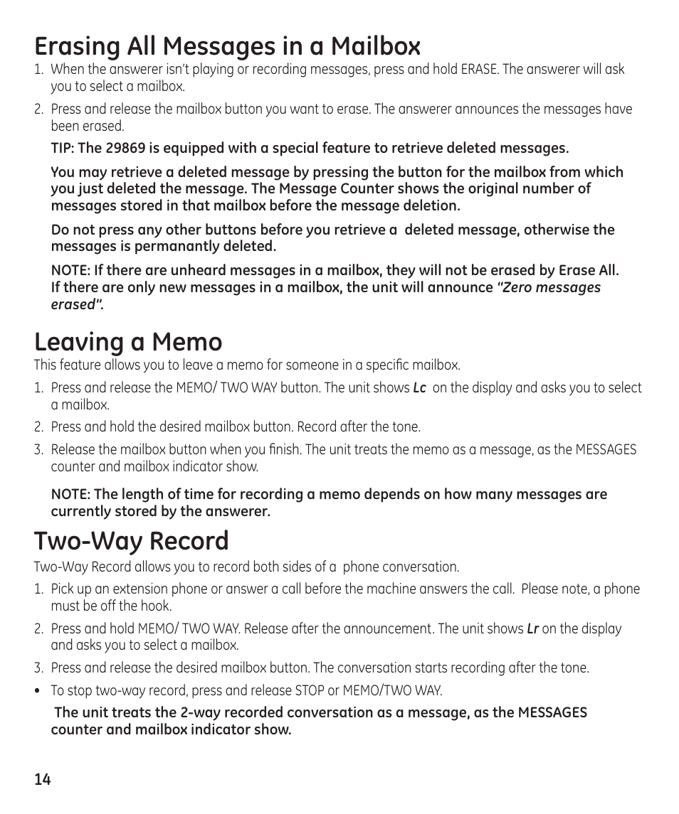 Erasing all messages in a mailbox, Two-way record | GE 29869 User Manual | Page 14 / 48