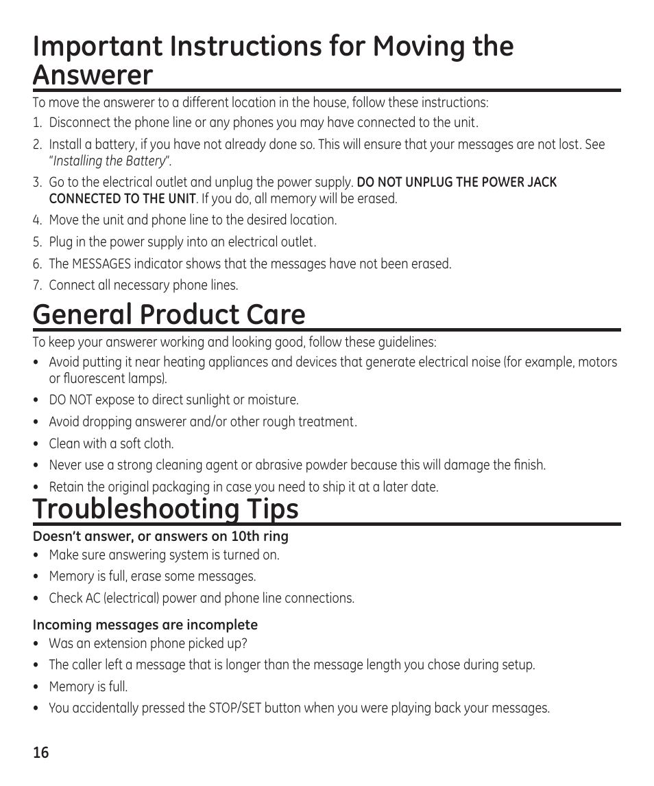 Important instructions for moving the answerer, General product care, Troubleshooting tips | GE 29869 User Manual | Page 16 / 48