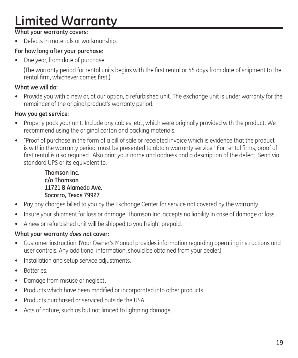 Limited warranty | GE 29869 User Manual | Page 19 / 48