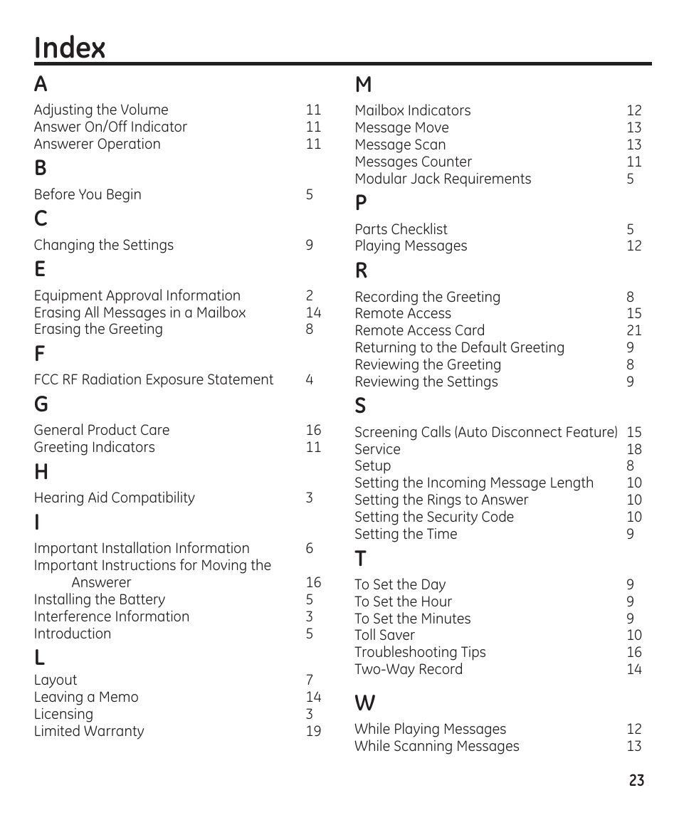 Index | GE 29869 User Manual | Page 23 / 48