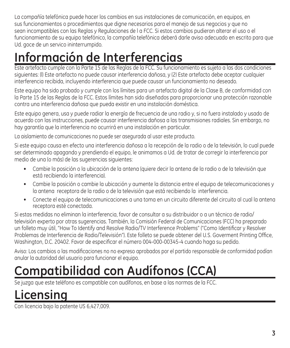 Información de interferencias, Compatibilidad con audífonos (cca), Licensing | GE 29869 User Manual | Page 27 / 48