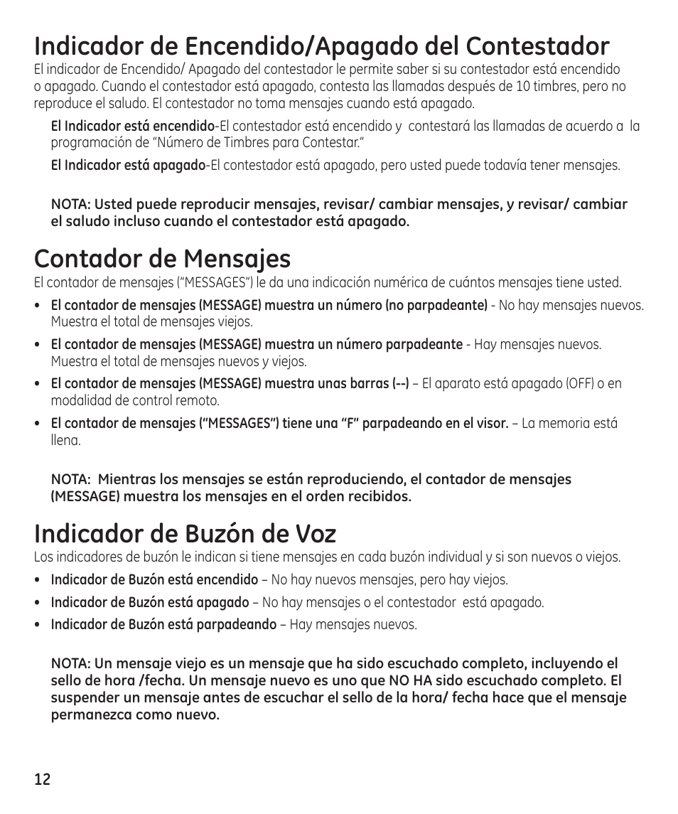 Indicador de encendido/apagado del contestador, Contador de mensajes, Indicador de buzón de voz | GE 29869 User Manual | Page 36 / 48