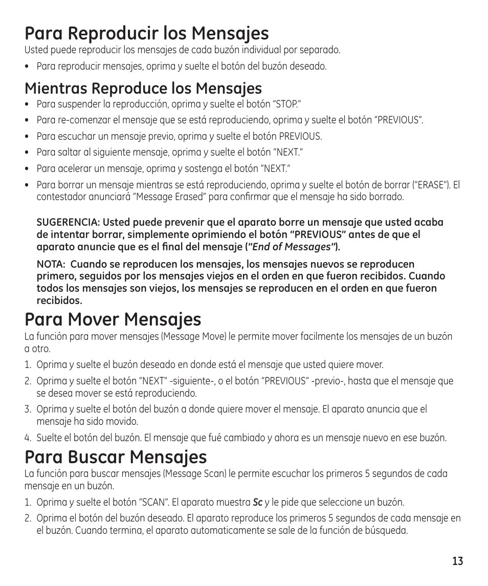 Para reproducir los mensajes, Para mover mensajes, Para buscar mensajes | Mientras reproduce los mensajes | GE 29869 User Manual | Page 37 / 48