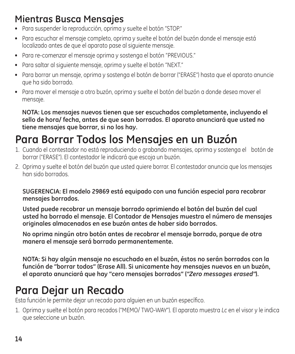 Para borrar todos los mensajes en un buzón, Para dejar un recado, Mientras busca mensajes | GE 29869 User Manual | Page 38 / 48