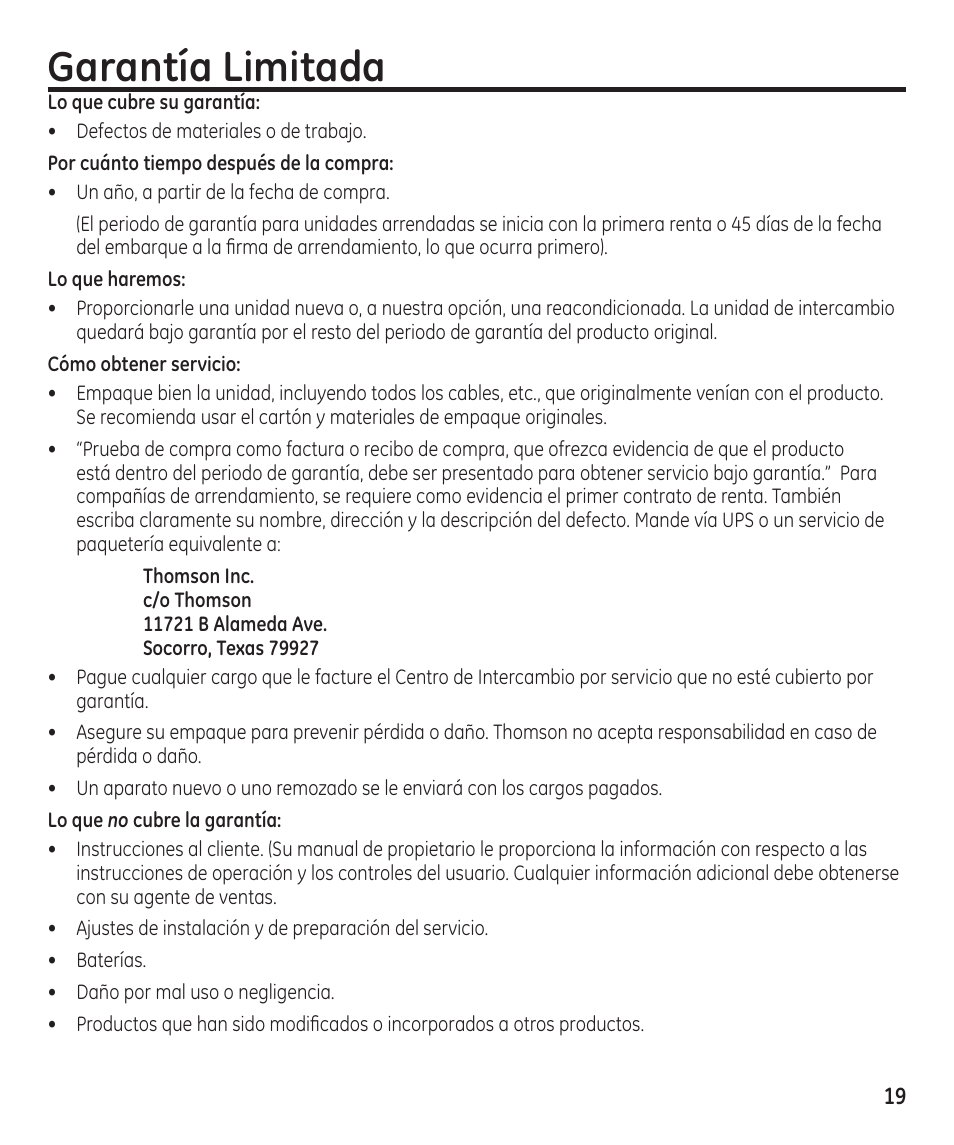 Garantía limitada | GE 29869 User Manual | Page 43 / 48