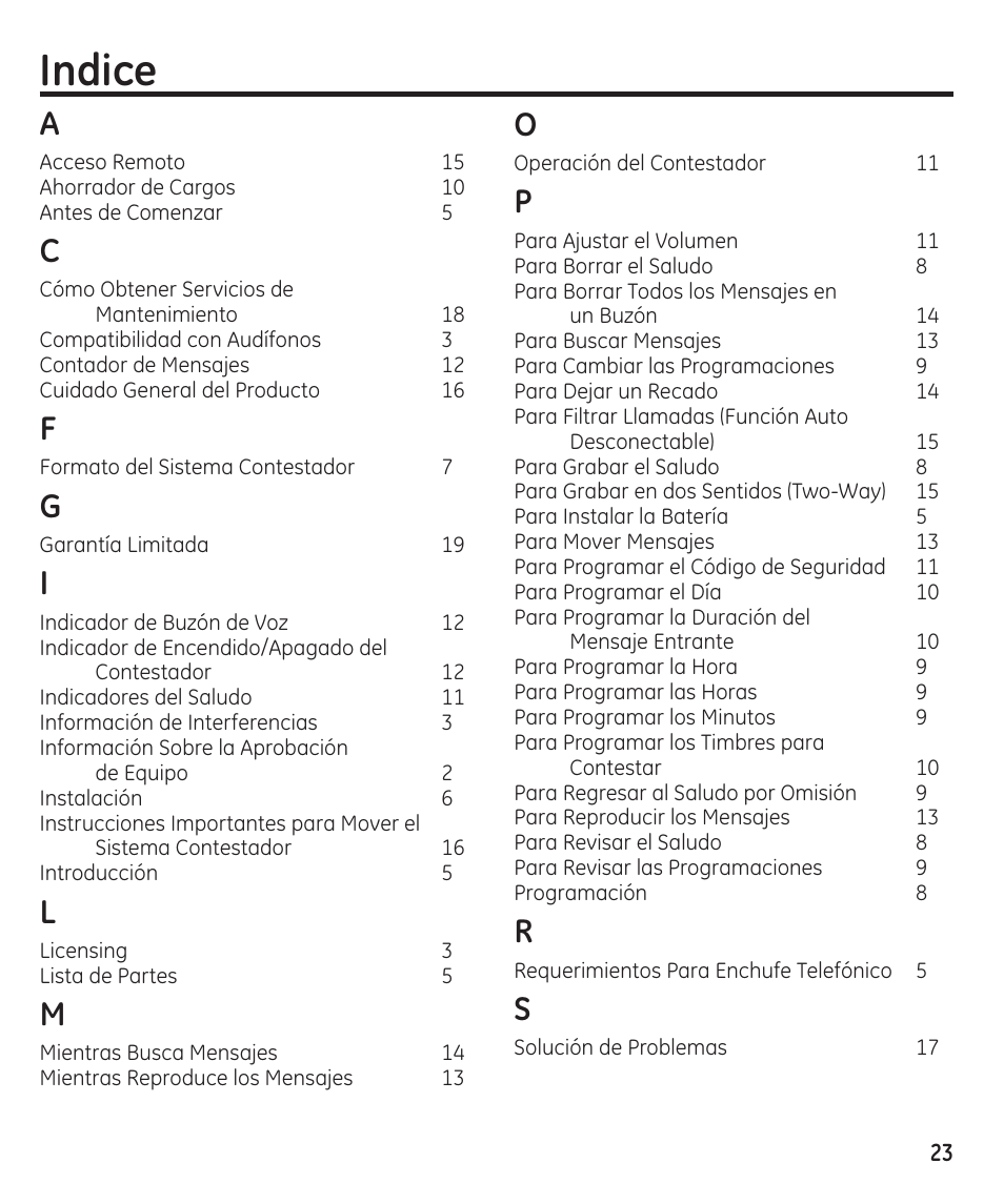 Indice | GE 29869 User Manual | Page 47 / 48