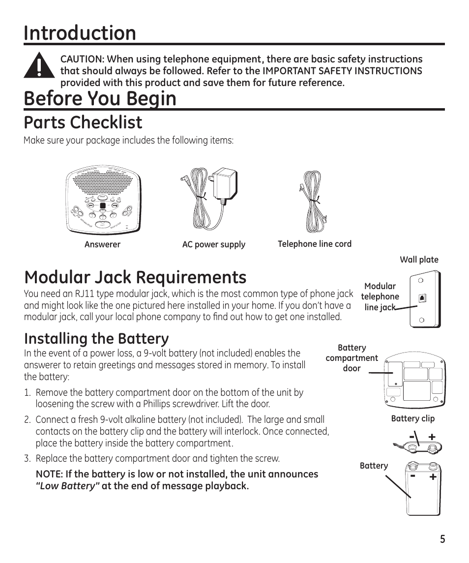 Introduction, Before you begin, Parts checklist | Modular jack requirements, Installing the battery, Answerer, Battery clip battery | GE 29869 User Manual | Page 5 / 48