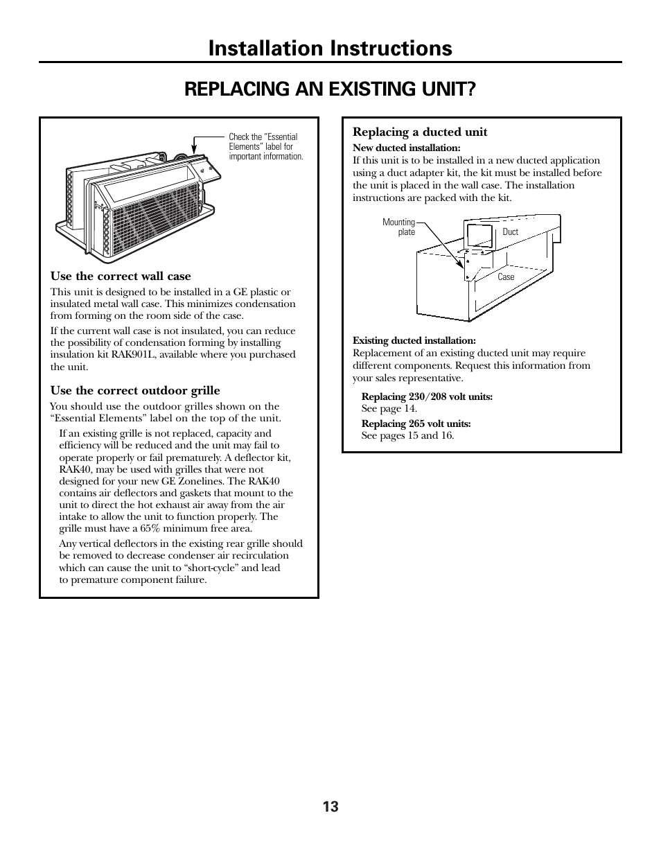 Replacing an existing unit, Installation instructions | GE 2500 User Manual | Page 13 / 28