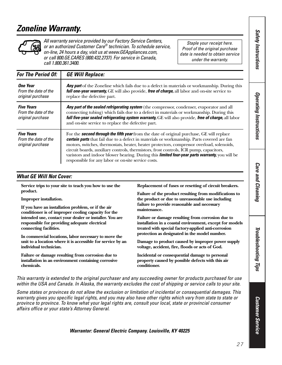 Warranty, Zoneline warranty | GE 2500 User Manual | Page 27 / 28