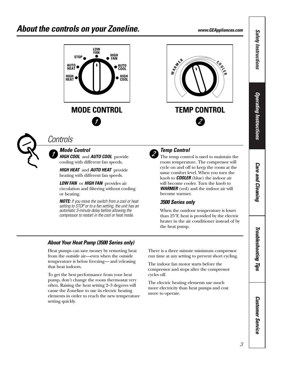 Controls, About the controls on your zoneline, Mode control temp control | Mode control, Temp control, 3500 series only, About your heat pump (3500 series only) | GE 2500 User Manual | Page 3 / 28