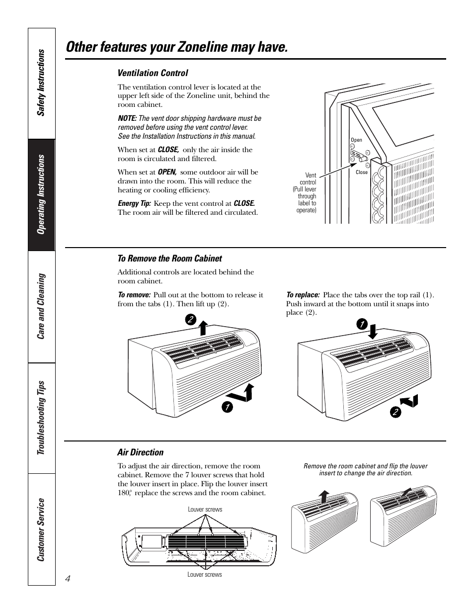 Air direction, Vent control, Other features your zoneline may have | GE 2500 User Manual | Page 4 / 28