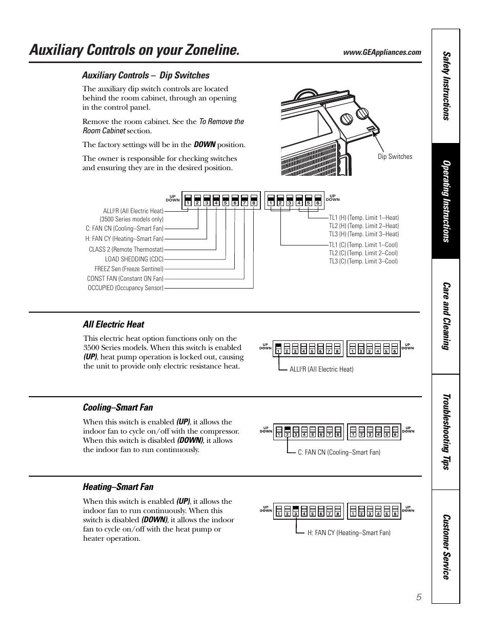 Auxiliary controls, Auxiliary controls –9, Auxiliary controls on your zoneline | Auxiliary controls – dip switches, Cooling–smart fan, Heating–smart fan | GE 2500 User Manual | Page 5 / 28