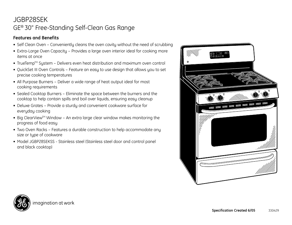 Jgbp28sek, 30" free-standing self-clean gas range | GE JGBP28SEK User Manual | Page 2 / 2