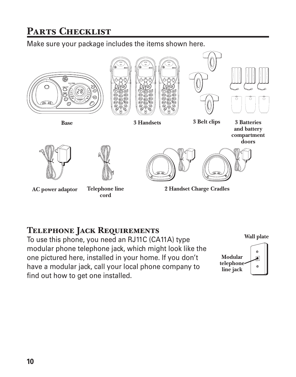 Parts checklist, Telephone jack requirements | GE 21029 User Manual | Page 10 / 116