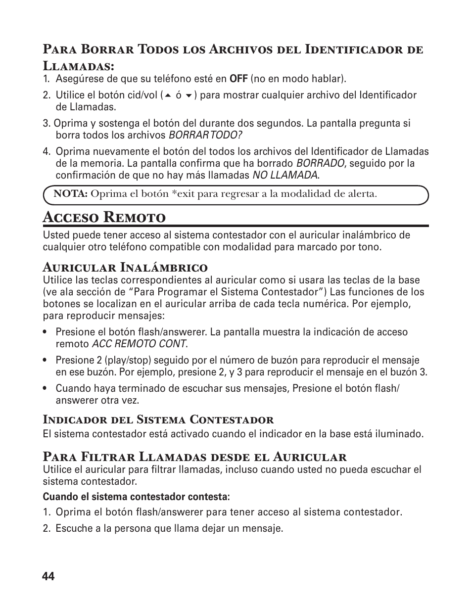 Acceso remoto, Auricular inalámbrico, Para filtrar llamadas desde el auricular | Indicador del sistema contestador | GE 21029 User Manual | Page 102 / 116