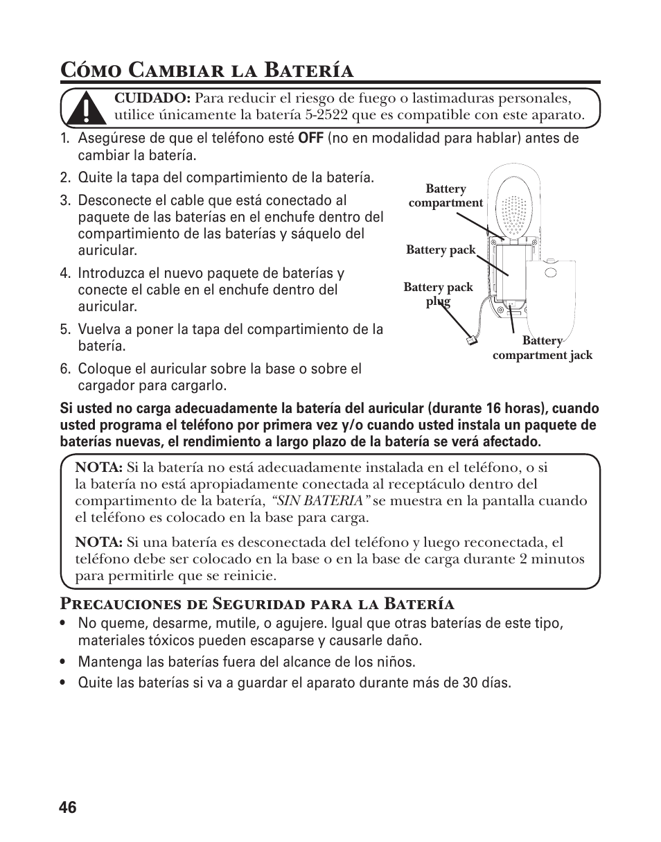 Cómo cambiar la batería, Precauciones de seguridad para la batería | GE 21029 User Manual | Page 104 / 116