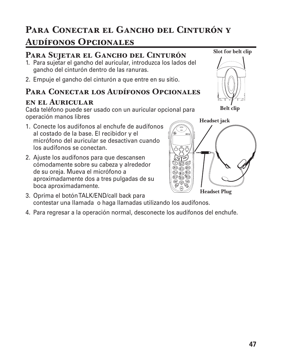 Para sujetar el gancho del cinturón | GE 21029 User Manual | Page 105 / 116