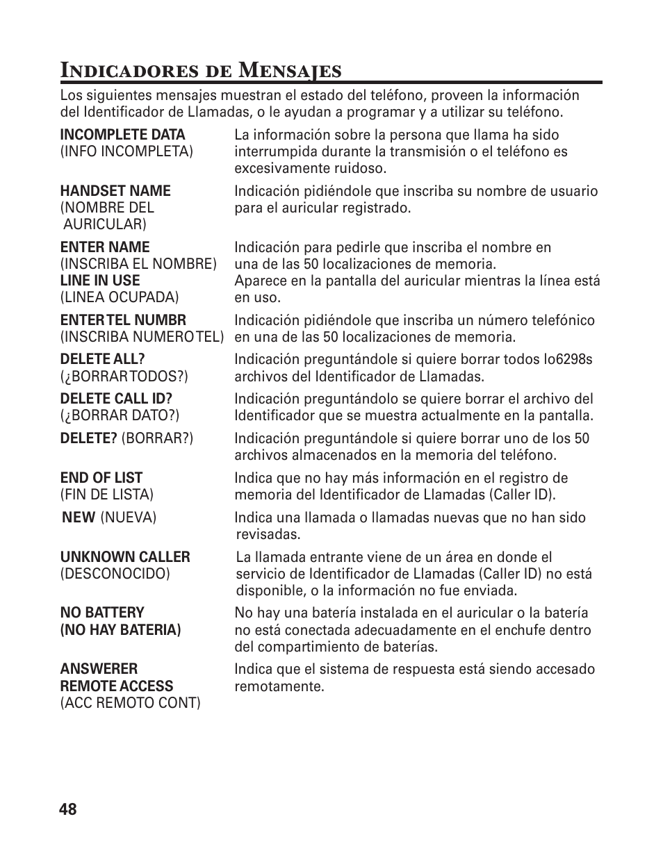 Indicadores de mensajes | GE 21029 User Manual | Page 106 / 116