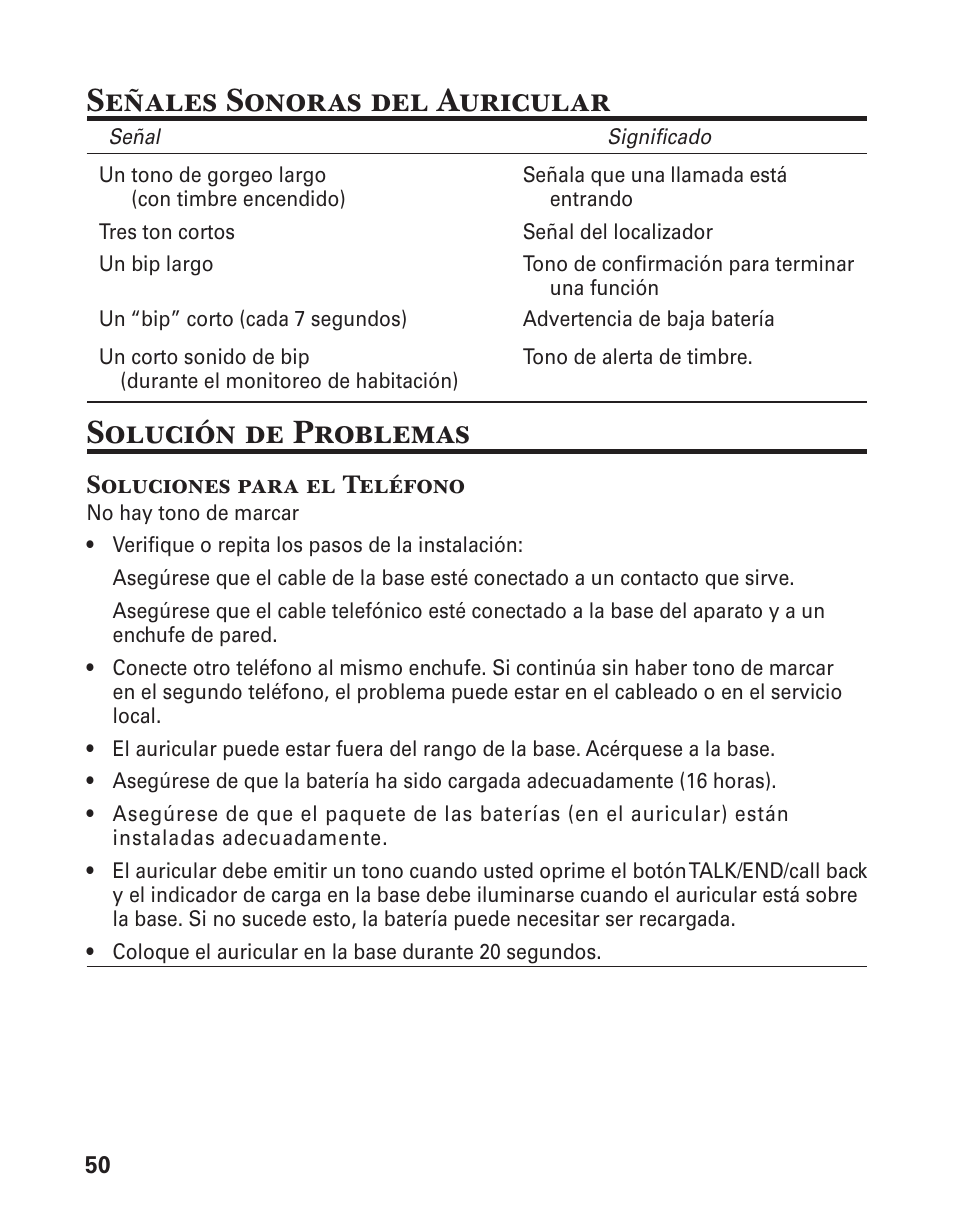 Señales sonoras del auricular, Solución de problemas, Soluciones para el teléfono | GE 21029 User Manual | Page 108 / 116