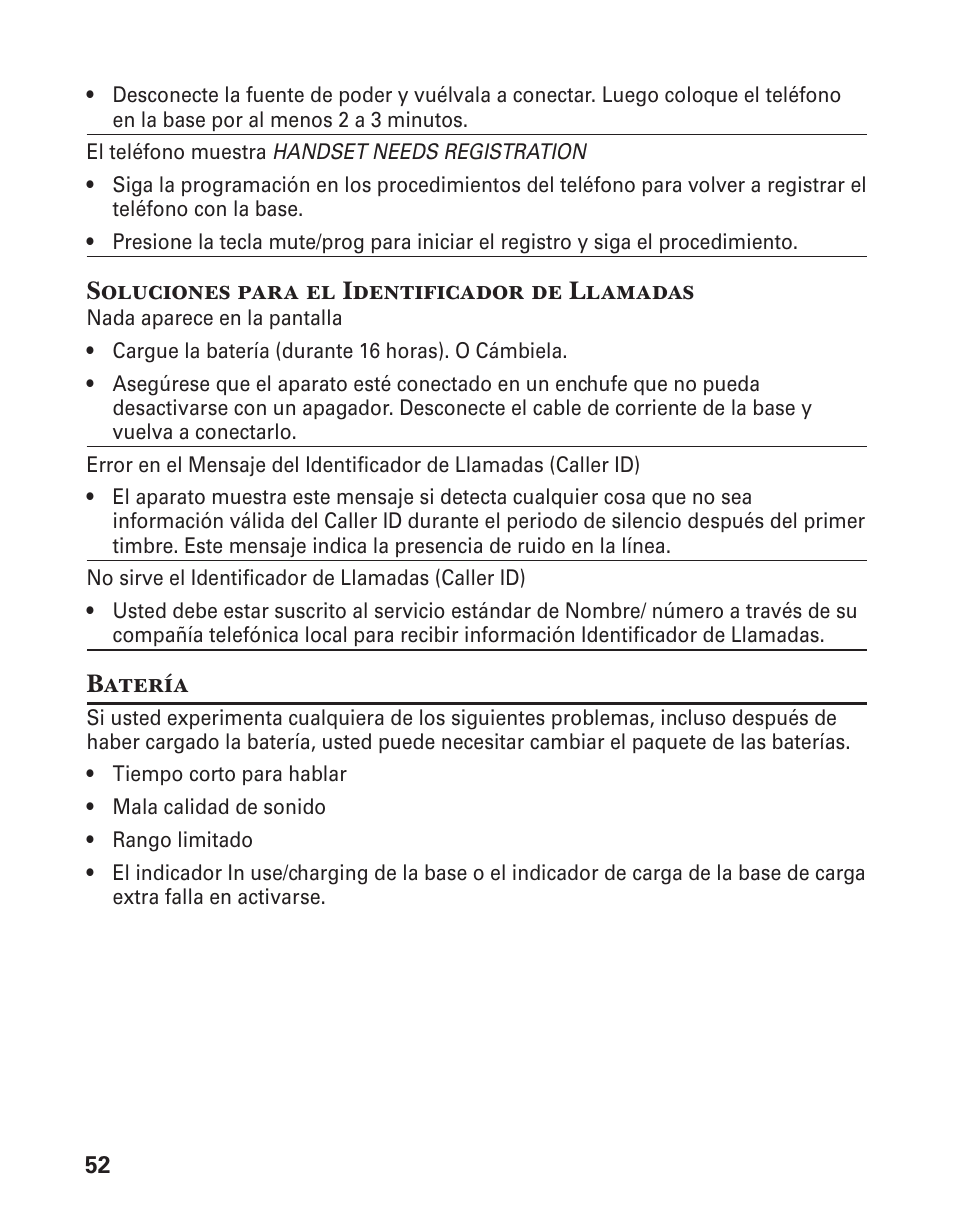 Soluciones para el identificador de llamadas, Batería | GE 21029 User Manual | Page 110 / 116