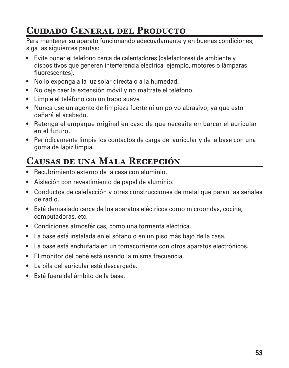 Cuidado general del producto, Causas de una mala recepción | GE 21029 User Manual | Page 111 / 116