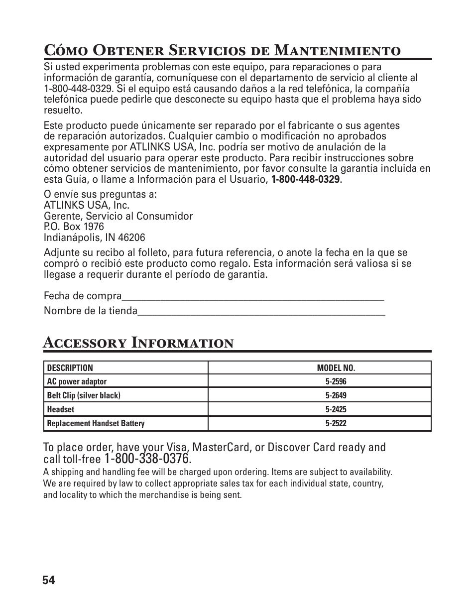 Accessory information, Cómo obtener servicios de mantenimiento | GE 21029 User Manual | Page 112 / 116