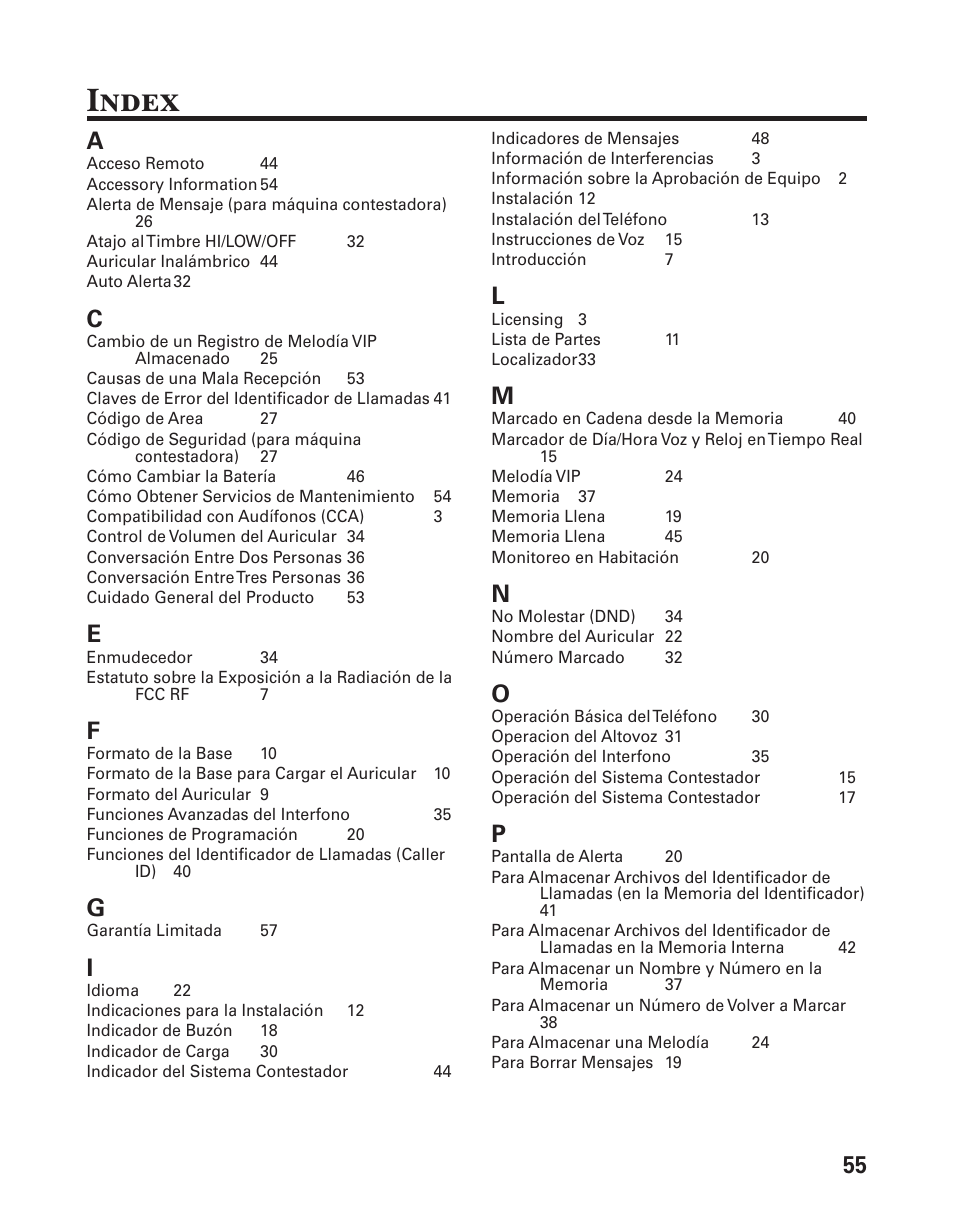 Index, 55 a | GE 21029 User Manual | Page 113 / 116