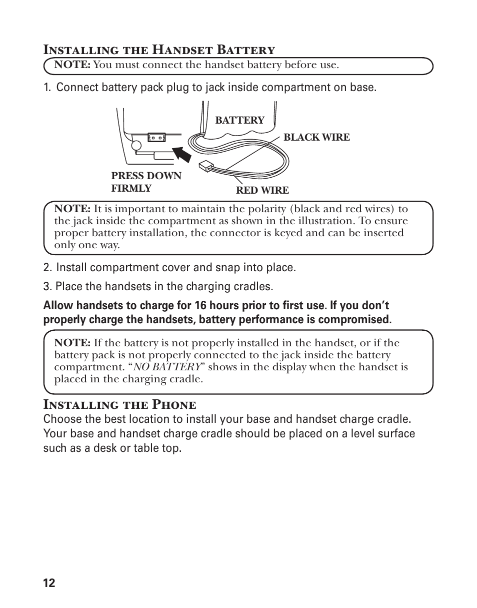 Installing the phone, Installing the handset battery | GE 21029 User Manual | Page 12 / 116