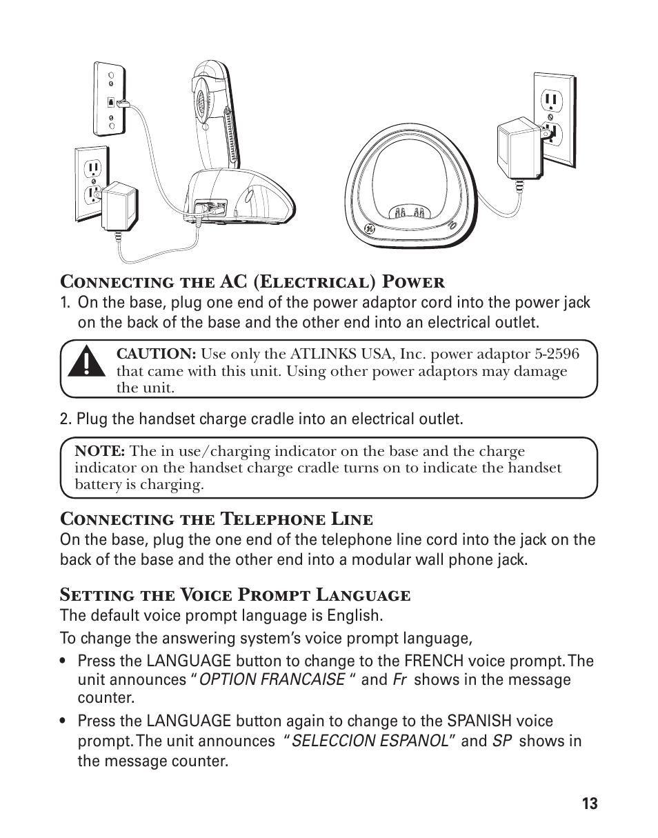 Connecting the ac (electrical) power, Connecting the telephone line, Setting the voice prompt language | GE 21029 User Manual | Page 13 / 116