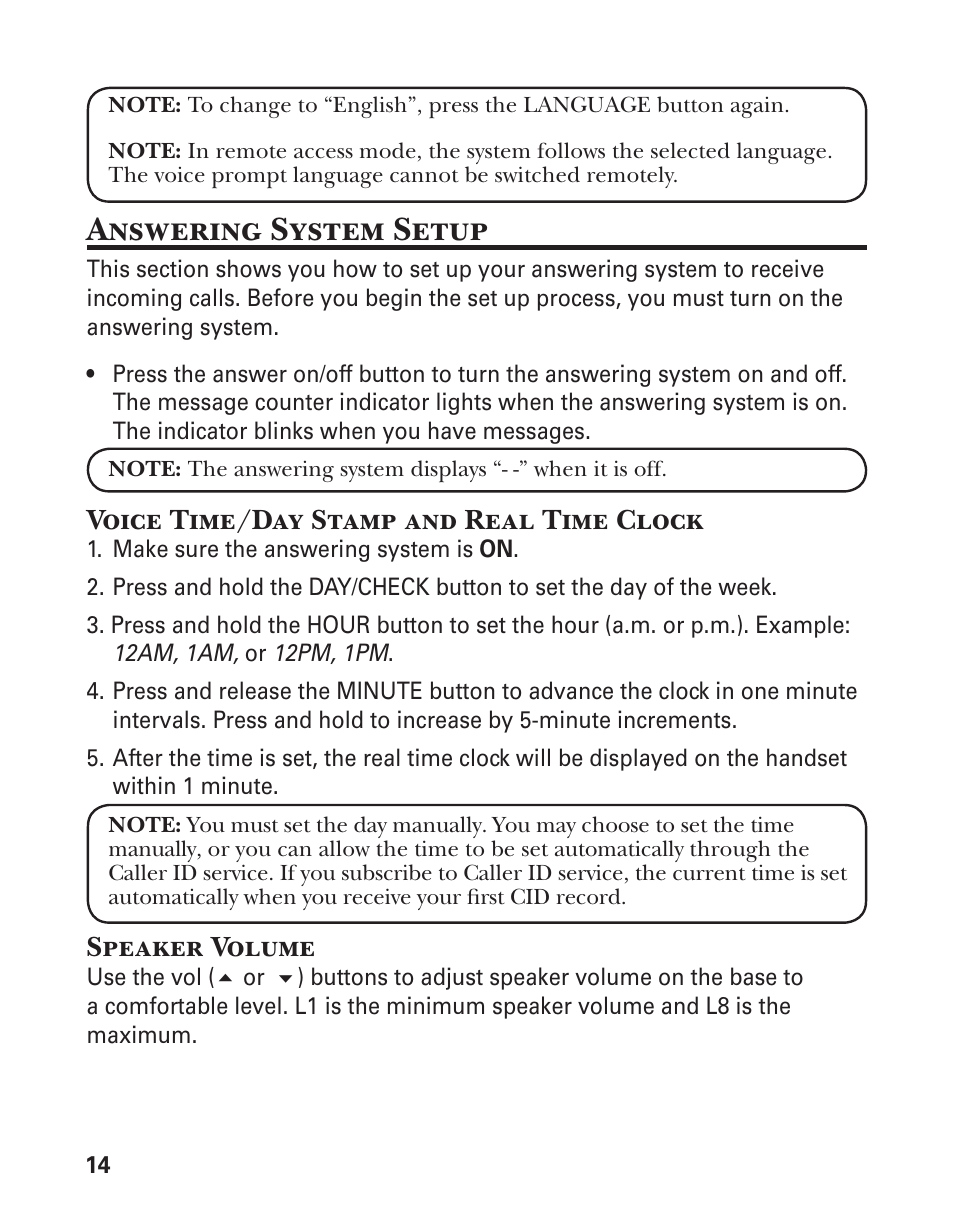 Answering system setup, Voice time/day stamp and real time clock, Speaker volume | GE 21029 User Manual | Page 14 / 116