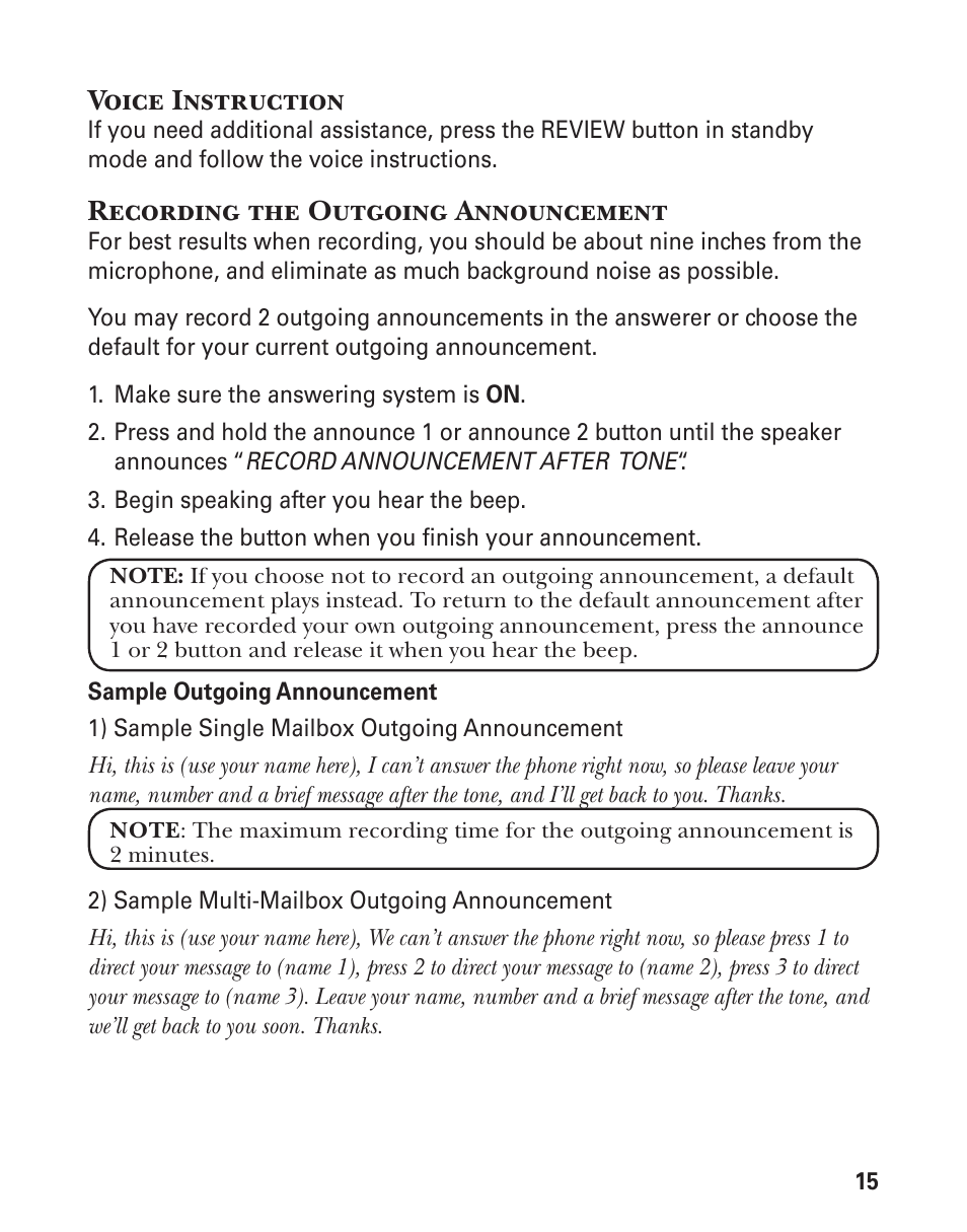 Voice instruction, Recording the outgoing announcement | GE 21029 User Manual | Page 15 / 116