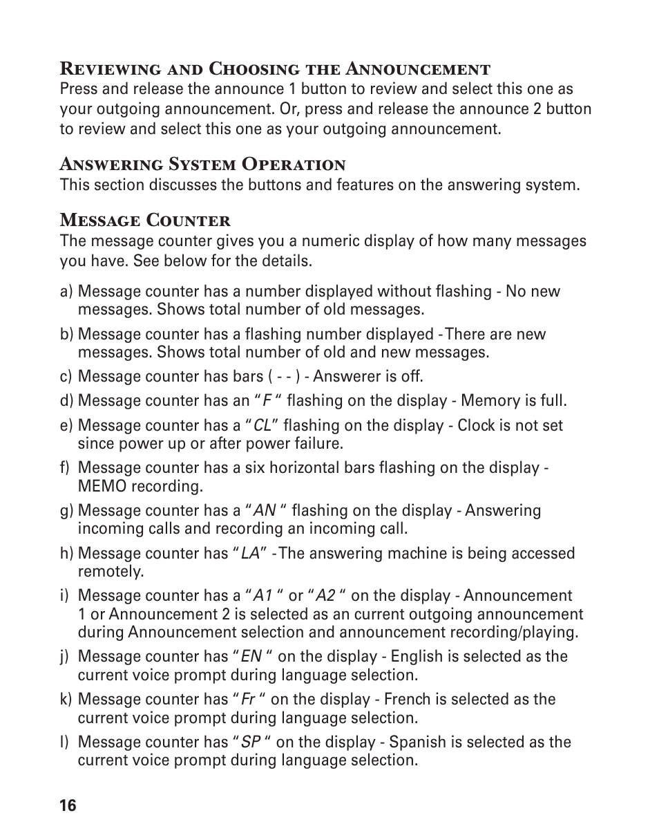 Reviewing and choosing the announcement, Answering system operation, Message counter | GE 21029 User Manual | Page 16 / 116