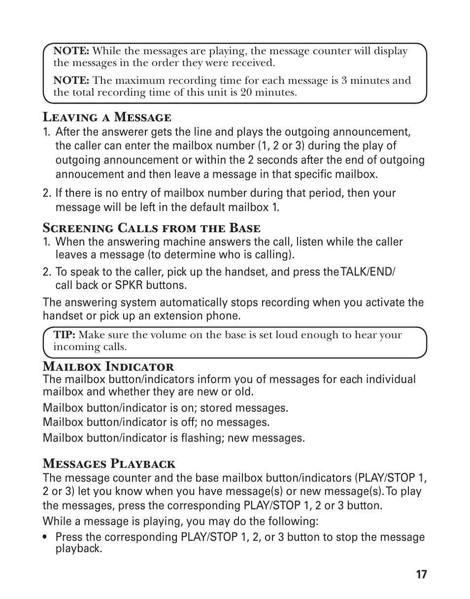 Leaving a message, Screening calls from the base, Mailbox indicator | Messages playback | GE 21029 User Manual | Page 17 / 116
