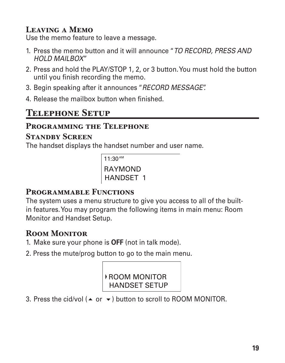Telephone setup, Programming the telephone standby screen, Programmable functions | Room monitor | GE 21029 User Manual | Page 19 / 116