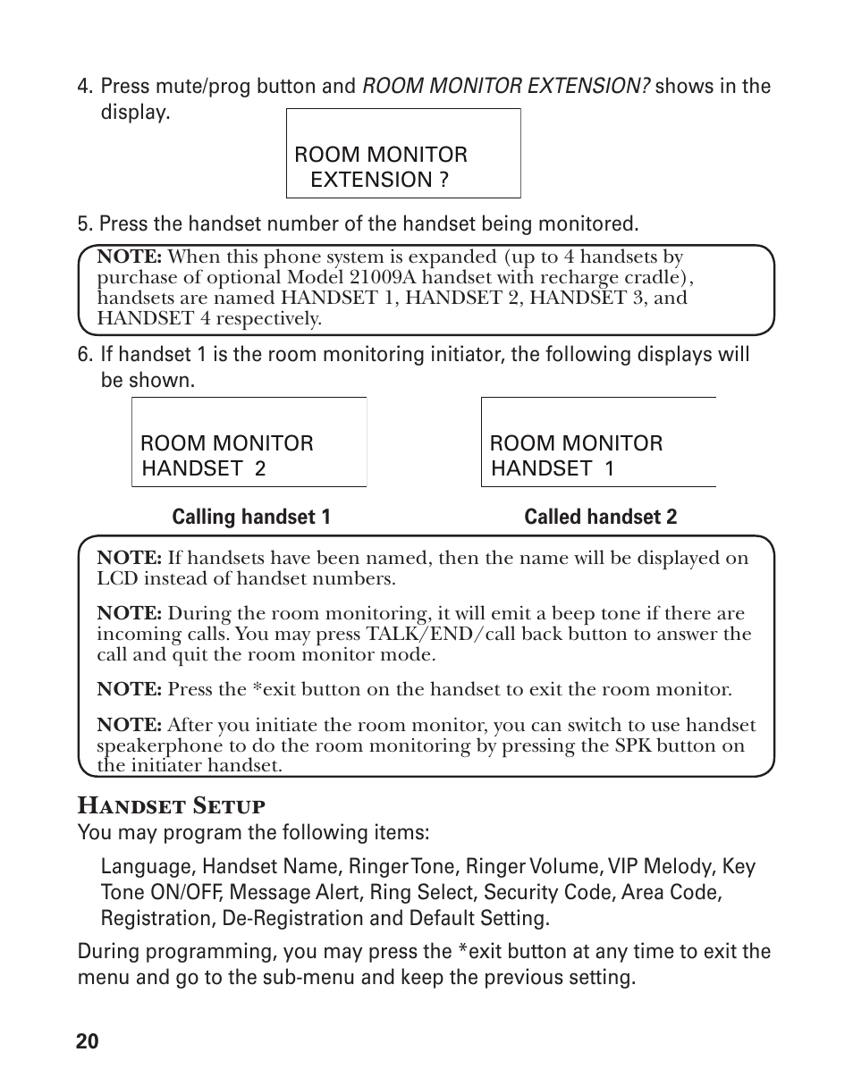 Handset setup | GE 21029 User Manual | Page 20 / 116