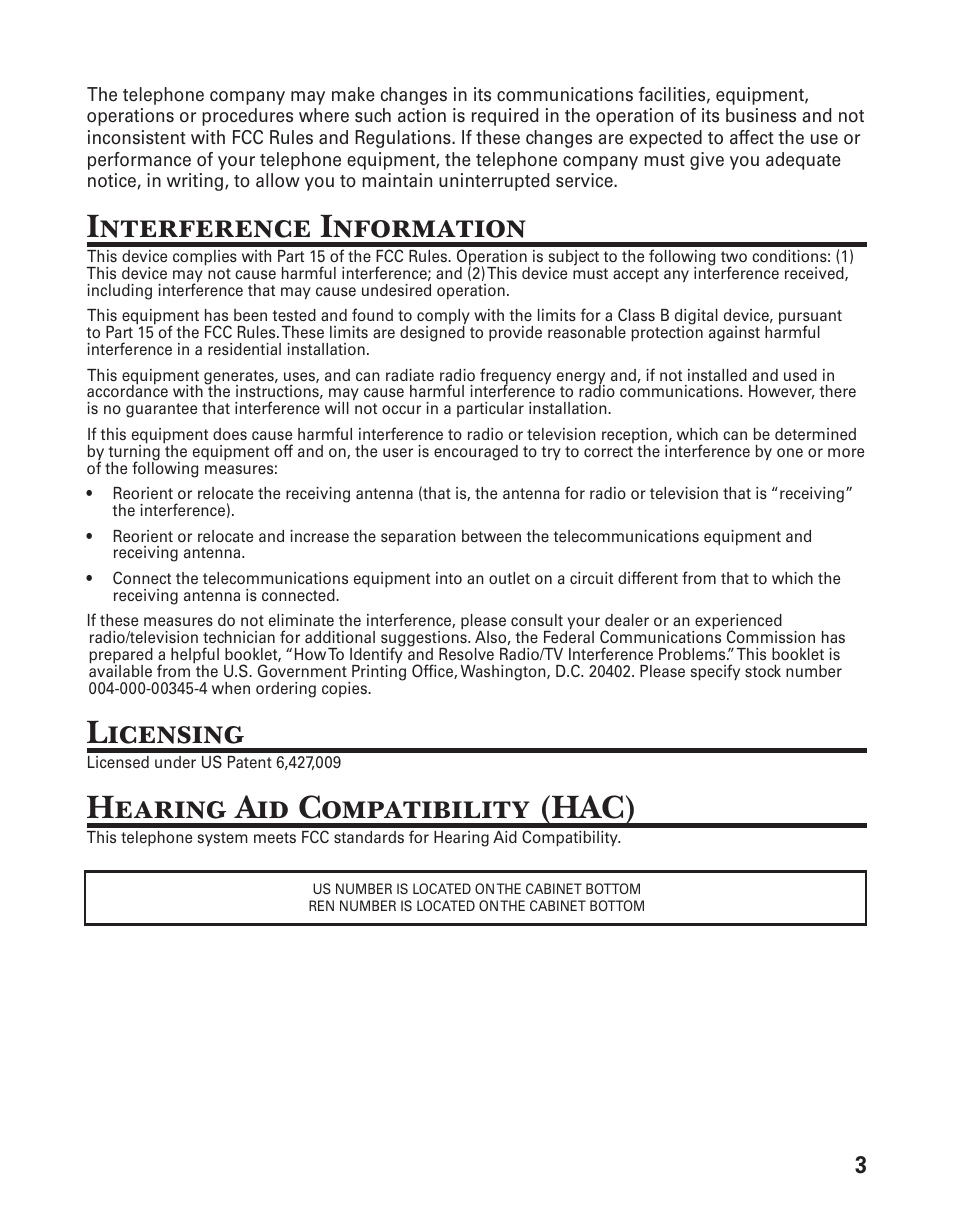 Interference information, Licensing, Hearing aid compatibility (hac) | GE 21029 User Manual | Page 3 / 116
