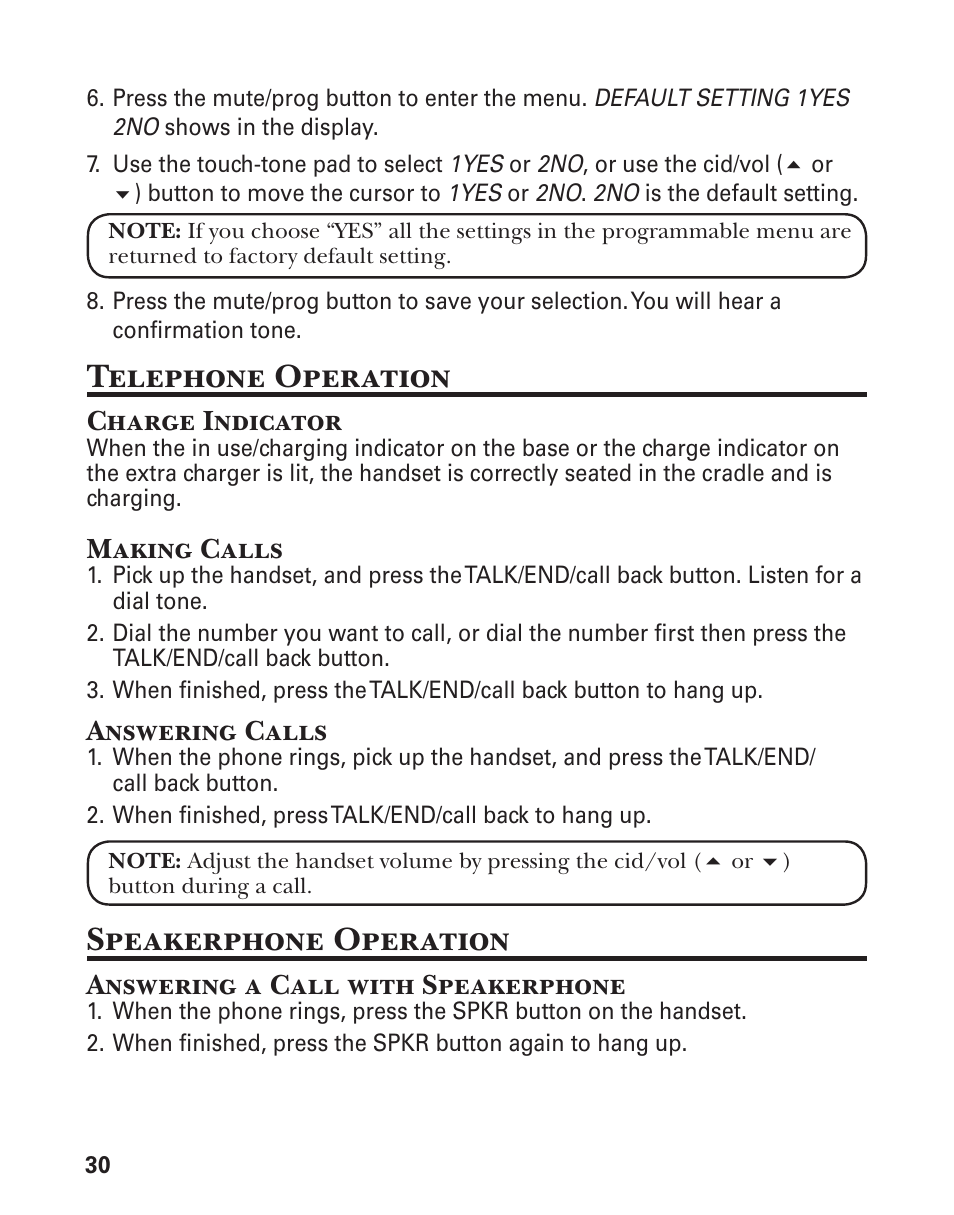 Telephone operation, Speakerphone operation | GE 21029 User Manual | Page 30 / 116